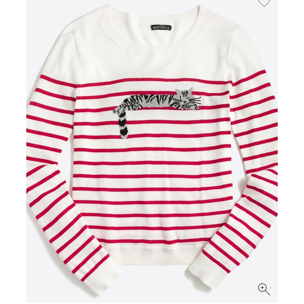J.Crew Mercantile Womens Red White Striped Cat Embroidered Cotton Sweater M